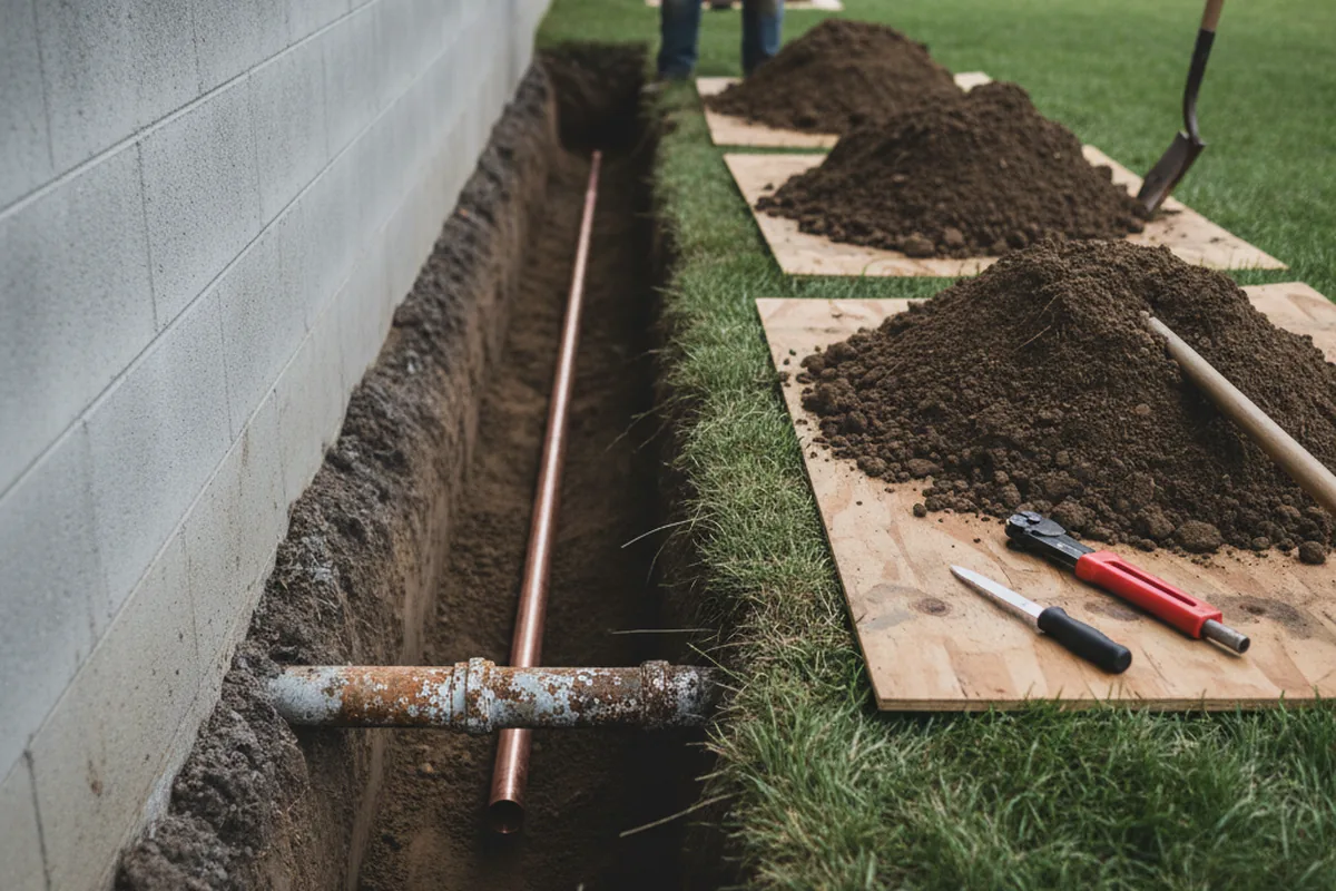 Excavated water line trench during Sewer Line Repair in Lumberton